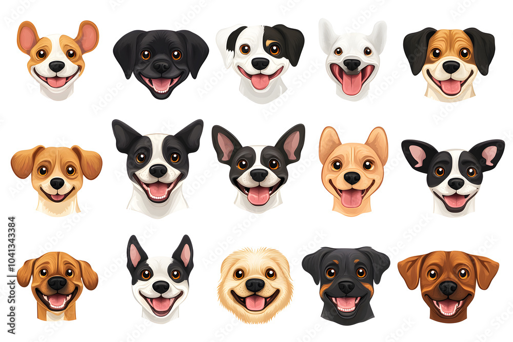 Obraz premium Collection of cartoon style dog faces isolated on white background