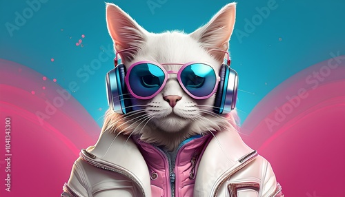  AI illustration of fantasy character with cat head in sunglasses and headphones photo