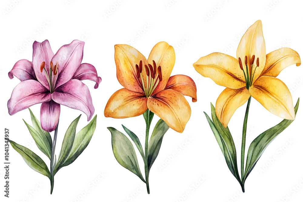 Obraz premium Watercolor lily flowers collection isolated on a white background