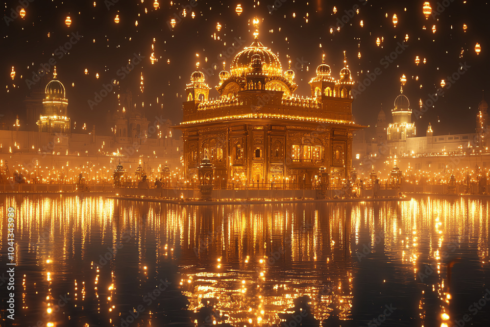 Fototapeta premium Majestic temple illuminated by thousands of lamps radiating a golden glow across the serene waters