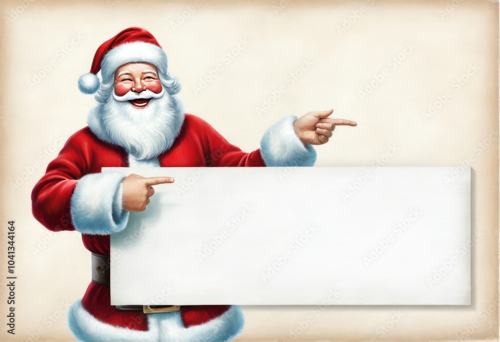 Lachender Weihnachtsmann zeigt auf ein großes, leeres Banner, ideal für weihnachtliche Grüße und festliche Botschaften, vor neutralem Hintergrund. Generative KI. Lachender Weihnachtsmann zeigt auf ein großes, leeres Banner, ideal für weihnachtliche Grüße und festliche Botschaften, vor neutralem Hintergrund. Generative KI.