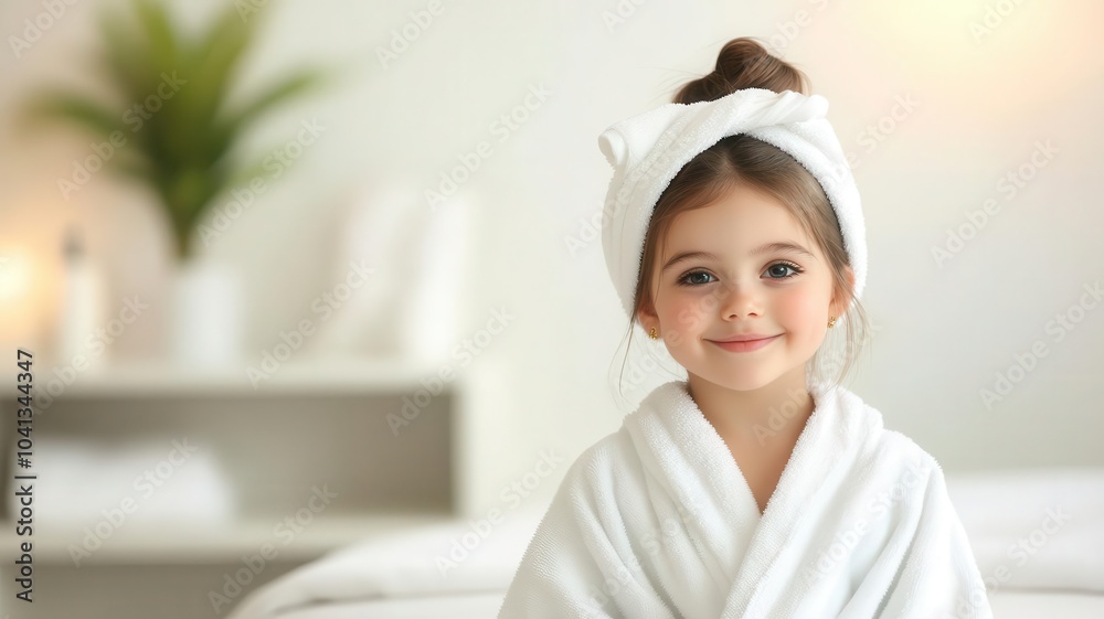 Little girl in a bathrobe with her hair wrapped in a towel, sitting on the edge of the bed, smiling softly perfect for stock promoting beauty and self-care routines for kids Little girl in a bathrobe with her hair wrapped in a towel, sitting on the edge of the bed, smiling softly perfect for stock promoting beauty and self-care routines for kids