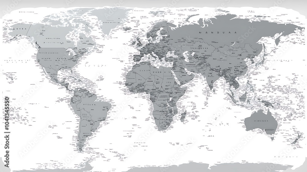World Map - Gray Scale: A detailed, minimalist world map in grayscale, showcasing the intricate outlines of continents and countries. Perfect for educational presentations, travel brochures. World Map - Gray Scale: A detailed, minimalist world map in grayscale, showcasing the intricate outlines of continents and countries. Perfect for educational presentations, travel brochures.