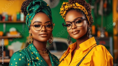 Stylish friends wearing glasses and colorful headwraps in retro workshop setting photo