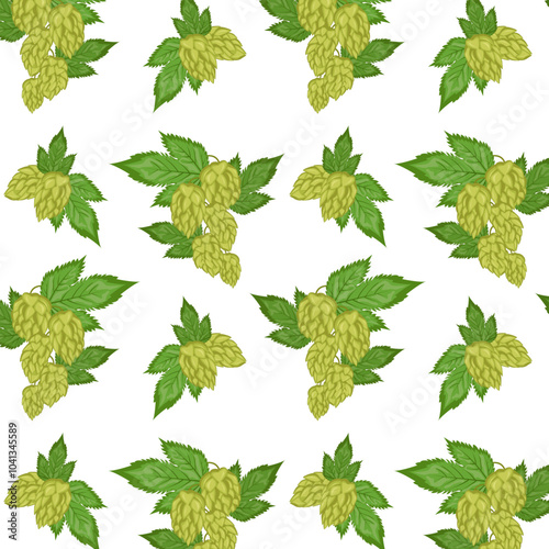 Seamless pattern leaves and fruits of hops. Hops herb plant for brewery of beer. Branch of hop. For the design of a poster, menu of a craft brewery