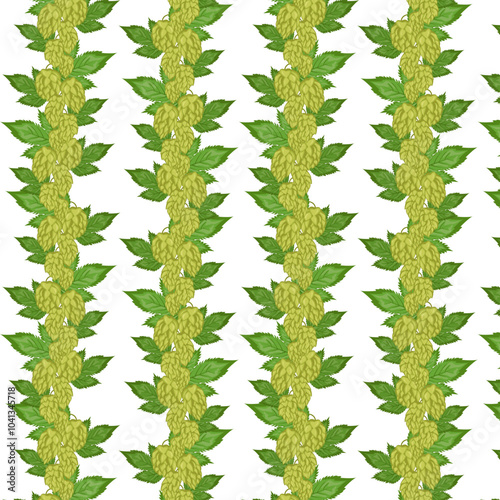 Seamless pattern leaves and fruits of hops. Hops herb plant for brewery of beer. Branch of hop. For the design of a poster, menu of a craft brewery