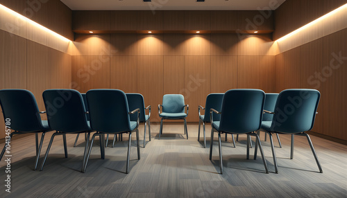 Chairs in room prepared for group psychotherapy session isolated with white highlights, png photo