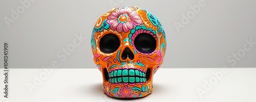 Bright sugar skull with glowing orange and green flowers, vibrant and intricate details