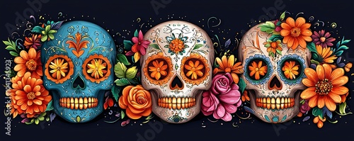 Bright sugar skull with glowing orange and green flowers, vibrant and intricate details