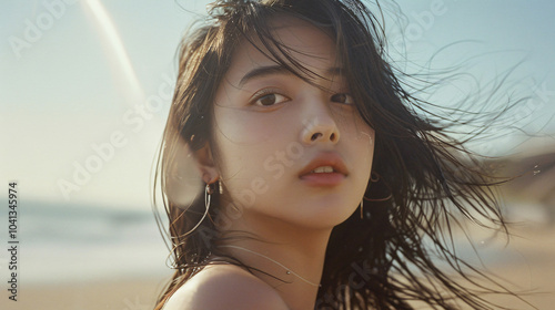 Beautiful portrait Korean girl Japanese Asian lady Woman natural sunlight beach sunset light face soft flowing hair close up shorthair gentle smile beauty raw Black hair naked skin Illuminated chinese
