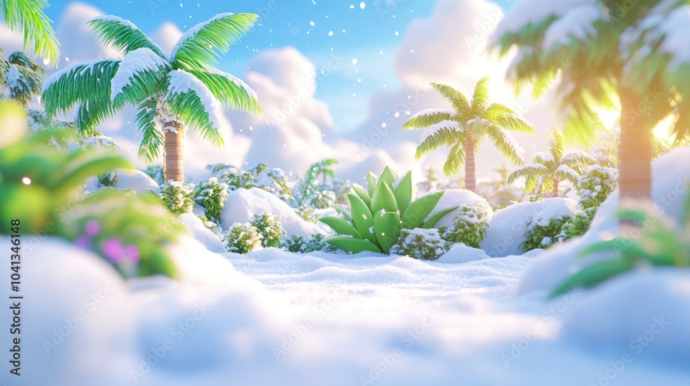 Obraz premium Tropical oasis under snowy blanket with sunlit palm trees and blue sky
