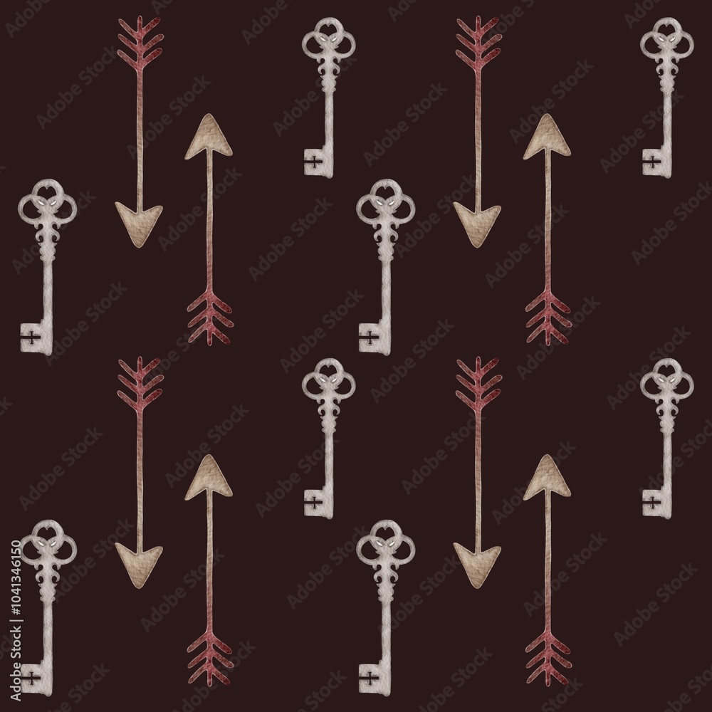 Decorative pattern featuring keys and arrows in neutral tones on a dark background Decorative pattern featuring keys and arrows in neutral tones on a dark background