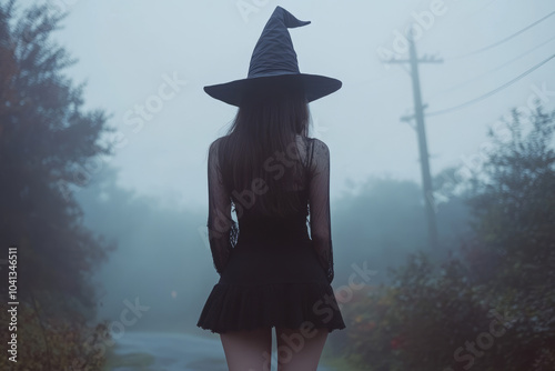 Halloween witch, girl in black dresses pose elegantly,Generated By Ai