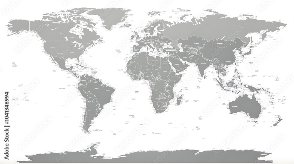 Obraz premium World Map: A minimalist depiction of the Earth's continents and oceans in a simple gray palette, highlighting the interconnectedness of our world. 