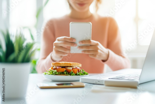 Woman taking photo of sandwich while working on laptop at a bright table with blurry background. photo