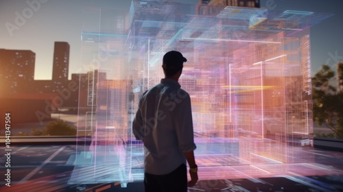 Man Exploring a Virtual Reality Cityscape