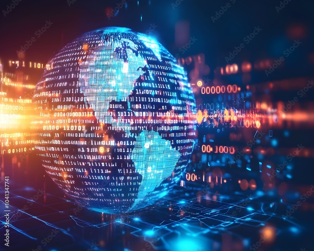 Obraz premium Digital Globe with Binary Code Symbolizing Global Connectivity and Technological Innovation