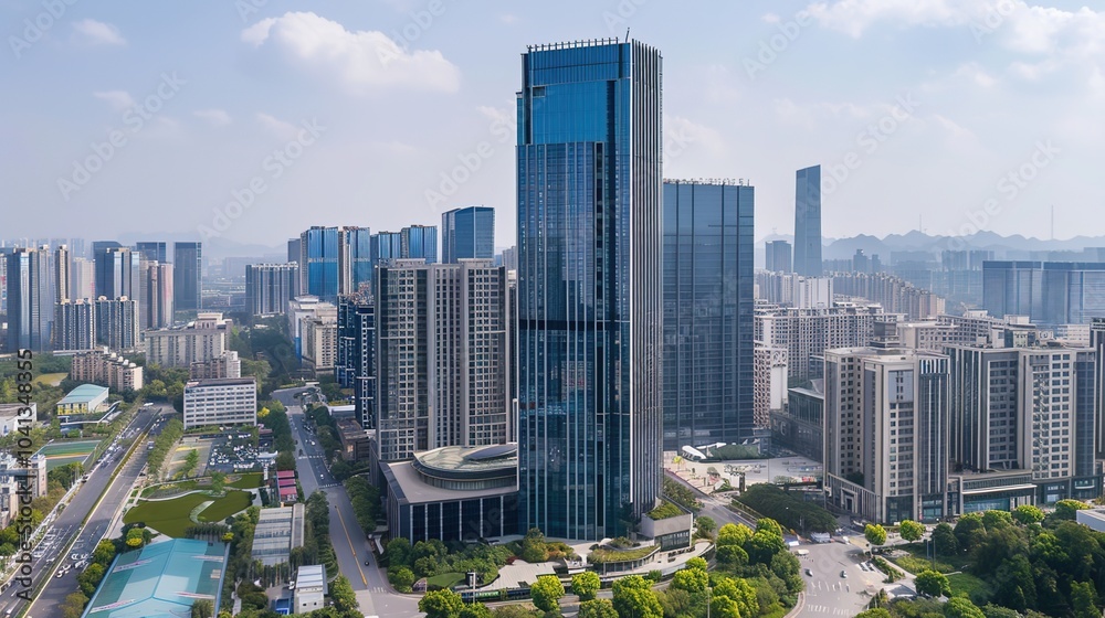Fototapeta premium Modern Skyscraper Building with Green Landscaping and Blue Sky