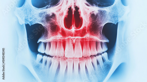 A detailed dental X-ray showing the skull and teeth, highlighting areas of concern in red, against a soft blue background. photo