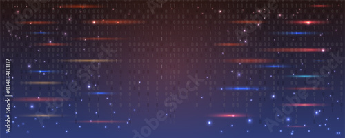 Abstract background with binary code, glowing red-orange lines and flashes of light. Website template, presentation