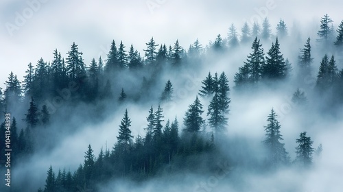 Misty Forest Landscape with Pine Trees at Dawn