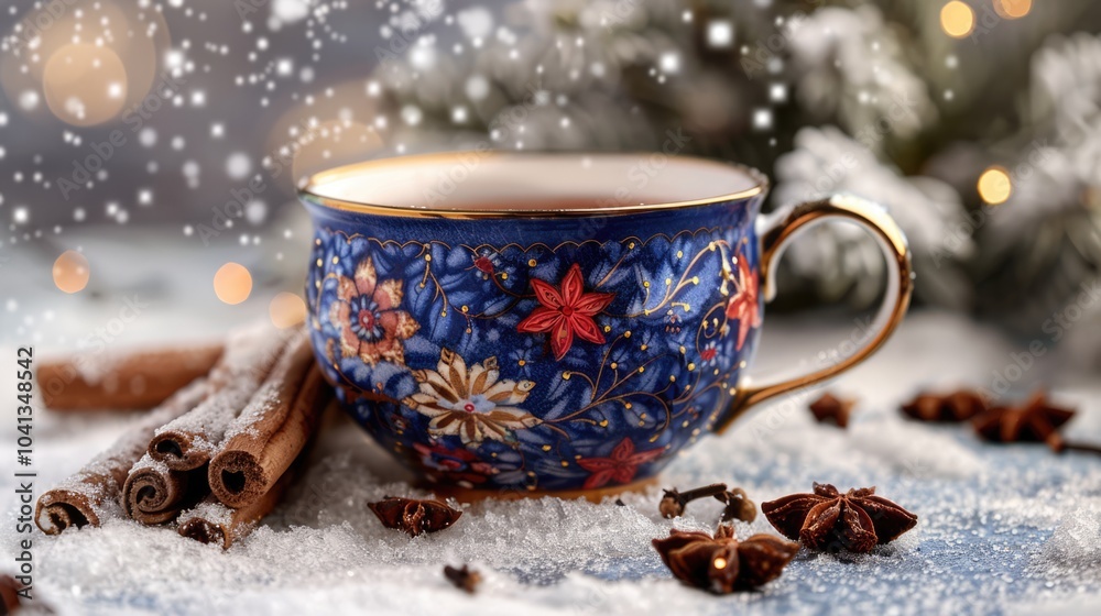 Fototapeta premium christmas cup of tea in winter concept background