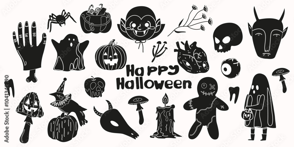 Obraz premium Cute hand drawn retro Halloween black and white stickers. The holiday of the dead. Scary groovy vector flat set of silhouettes. Spooky elements for scrapbooking, cards and posters