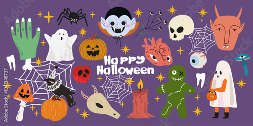 All the paraphernalia for celebrating the festival of the dead. Cute hand drawn retro Halloween stickers. Scary groovy vector flat set. Spooky elements for scrapbooking, cards and posters