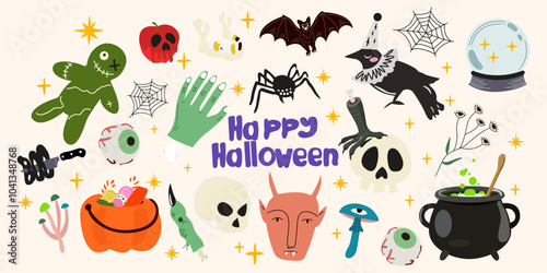 All the paraphernalia for celebrating the festival of the dead. Cute hand drawn retro Halloween stickers. Scary groovy vector flat set. Spooky elements for scrapbooking, cards and posters