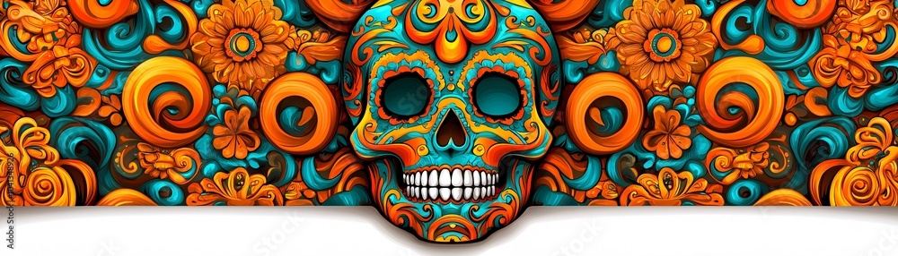 Neon-colored sugar skull with intricate swirls, bright orange and teal hues, radiant effect Neon-colored sugar skull with intricate swirls, bright orange and teal hues, radiant effect
