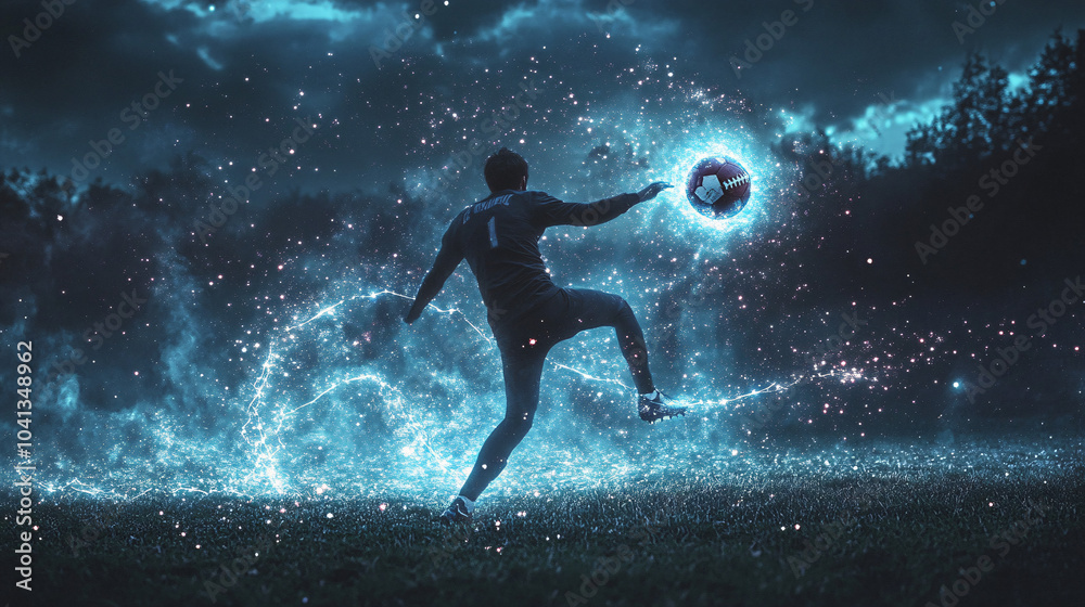 A Football Kicker in Mid-Action, with a Glowing Football Leaving a Trail of Stars 