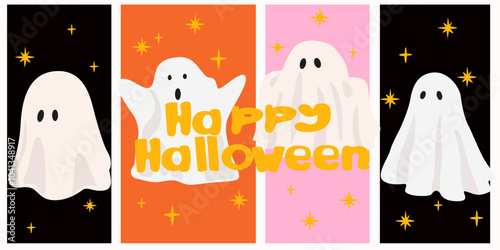 Happy Halloween. Set of cute retro halloween posters. Vintage banners. Ghost, potion cauldron, voodoo doll, magic layer, zombie hands, black crow. Scary groovy placard set