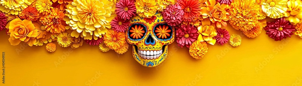 Sugar skull with glowing marigolds, luminous yellow and red, vibrant Day of the Dead