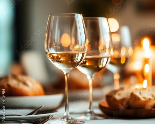 Elegant dinner setting with wine glasses and freshly baked bread, creating a warm and inviting atmosphere with blurry background.