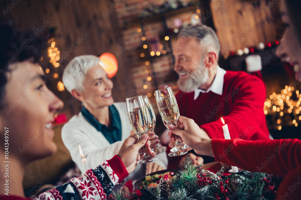 Cropepd photo of four peaceful family members smile clink champagne glass celebrate x-mas christmas apartment indoors Cropepd photo of four peaceful family members smile clink champagne glass celebrate x-mas christmas apartment indoors