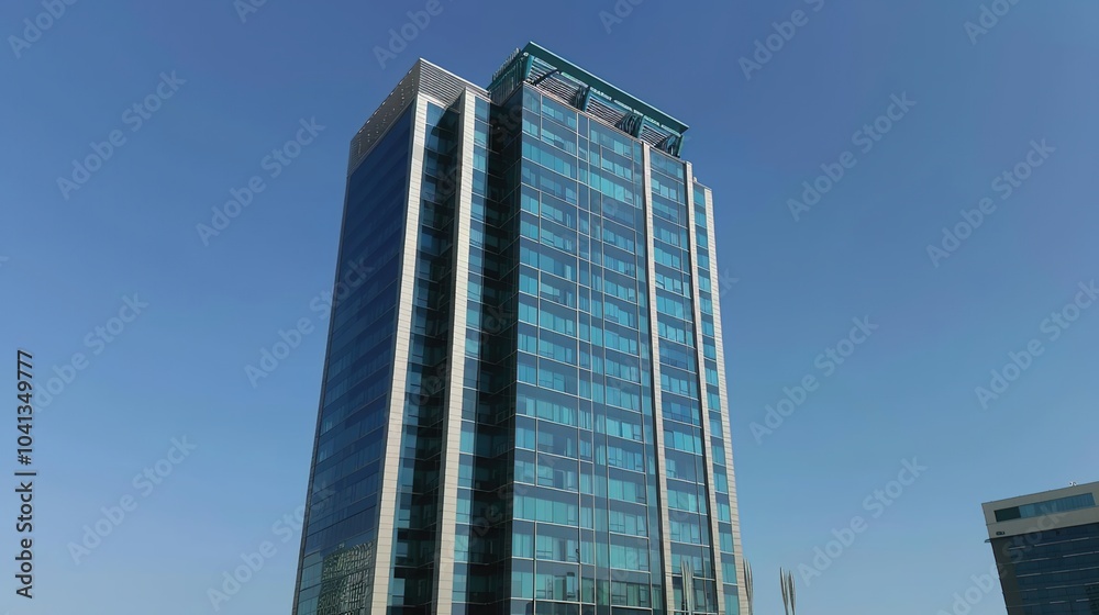 Fototapeta premium Modern Skyscraper Building with Green Landscaping and Blue Sky