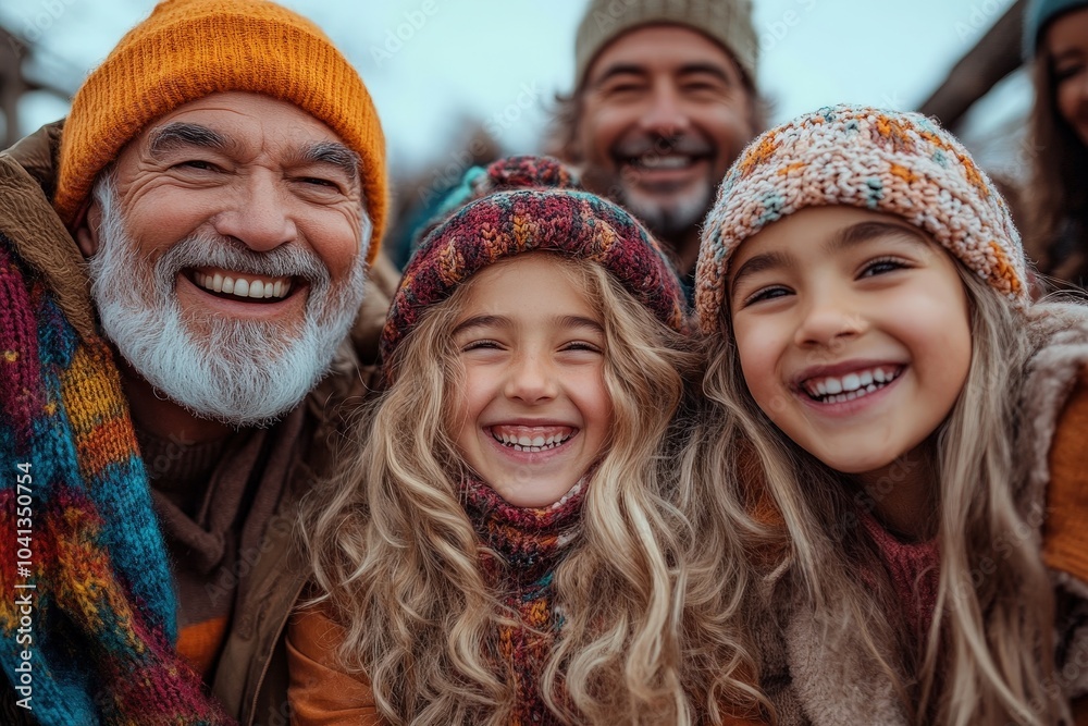 An extended family, warmly dressed in colorful winter attire, beams cheerful smiles amidst an outdoor scene, portraying happiness and harmonious familial unity.