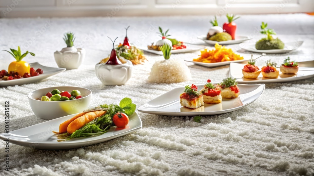 Elegant Food Photography on a White Carpet Background, Ideal for Gourmet Displays, Catering Promotions, and Culinary Arts Showcasing High-End Cuisine Elegant Food Photography on a White Carpet Background, Ideal for Gourmet Displays, Catering Promotions, and Culinary Arts Showcasing High-End Cuisine