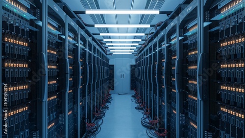 High-tech server room with glowing AI processing units photo