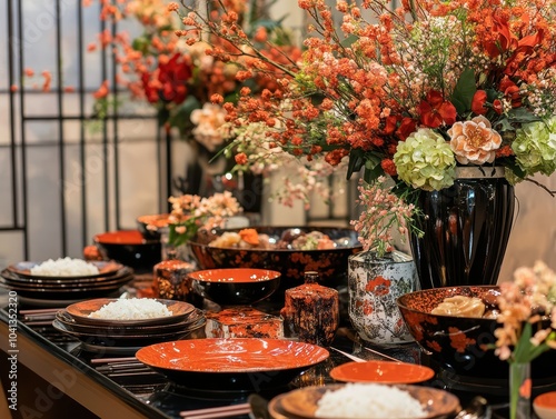 Elegant Asianstyle Thanksgiving with a fusion of traditional and modern decor, featuring lacquered dishes, rice bowls, and floral arrangements photo