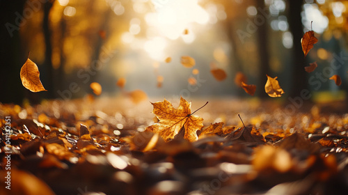 Autumn landscape with colorful leaves, sunslight and morning dew, horizontal frame,  photo