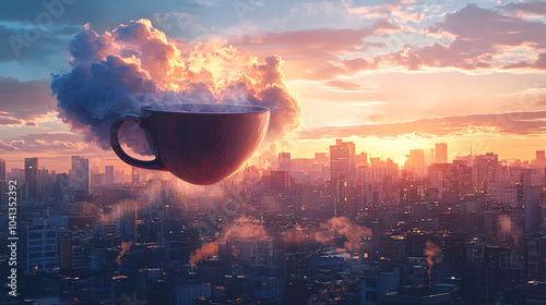 A Giant Coffee Cup Hovering Over a Morning Cityscape, with Clouds Shaped Like Steam Swirls 