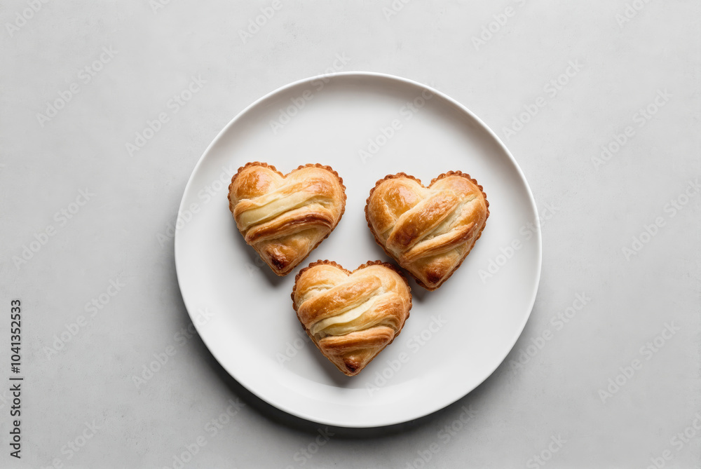 Three heart-shaped pastries arranged on a white plate