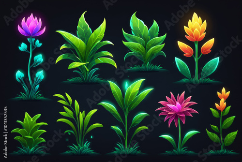 Collection of eight vibrant, glowing fantasy plants and flowers