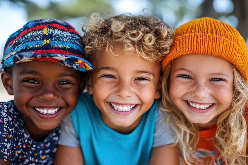 Three smiling children, one with a cap and another with a knit hat, display their friendship and happiness outdoors, embodying youthful joy and camaraderie. Three smiling children, one with a cap and another with a knit hat, display their friendship and happiness outdoors, embodying youthful joy and camaraderie.