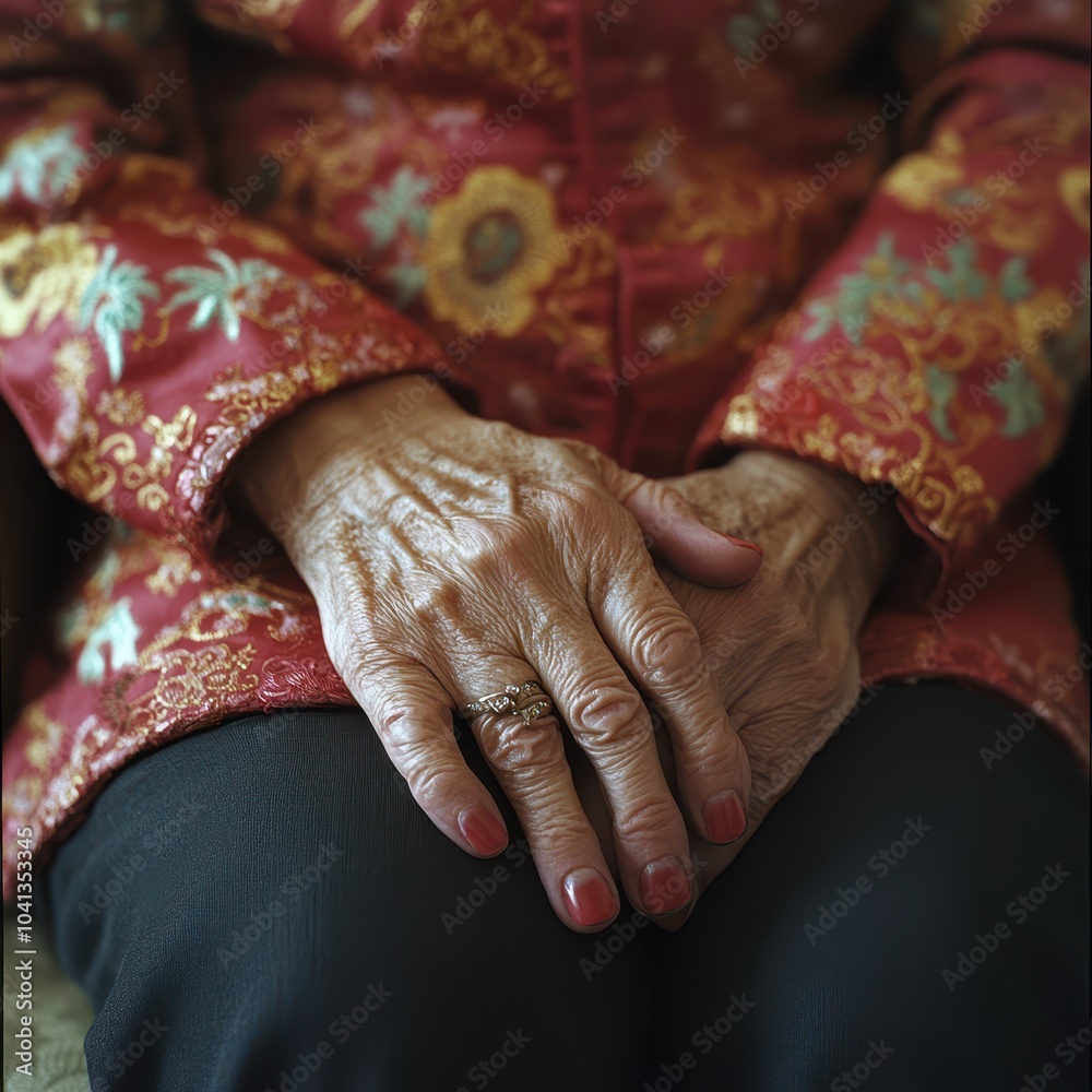 Fototapeta premium A close-up of a retired Asian woman hands resting in her lap, reflecting the peace of her indoor life