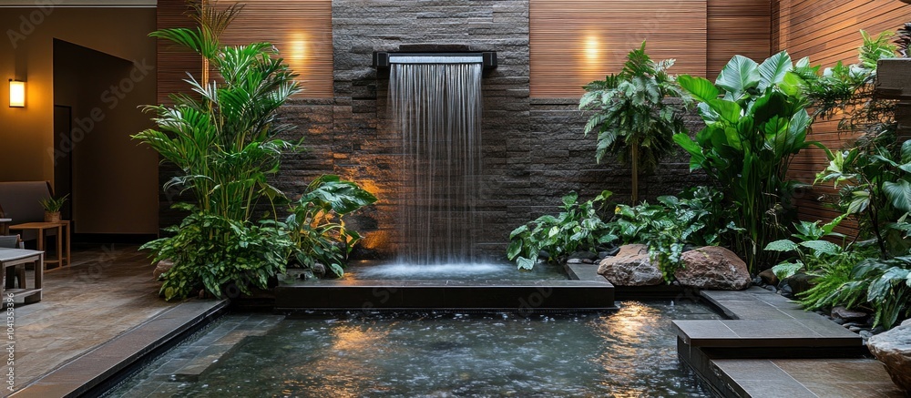 Modern spa with an indoor waterfall and lush greenery. Modern spa with an indoor waterfall and lush greenery.