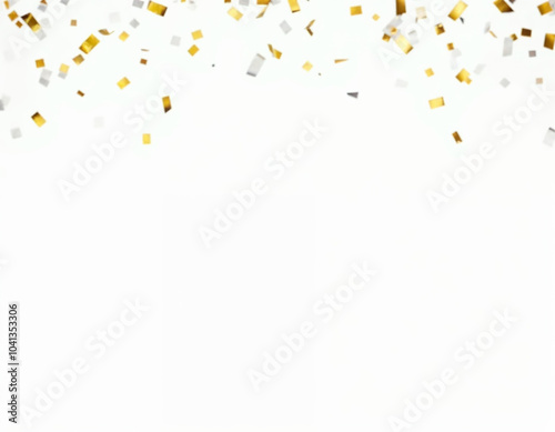 golden and silver confetti falling down on white background