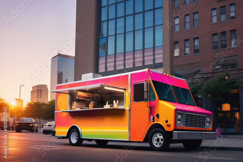 Colorful food trucks parked on the side of the road. photo