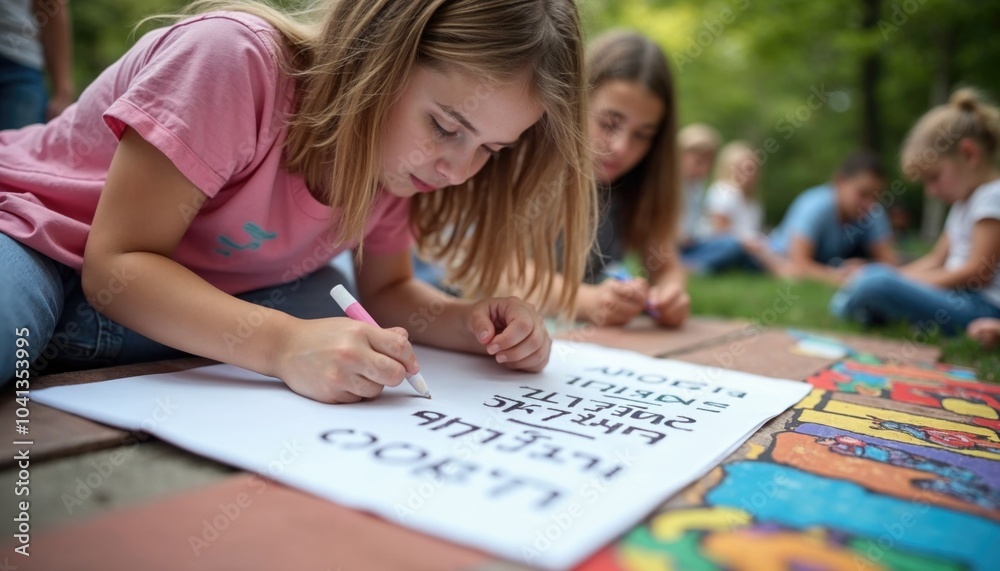 A girl is writing on a piece of paper with a marker A girl is writing on a piece of paper with a marker